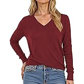 Buauty Womens 2024 Fashion V Neck Long Sleeve Knitted Ribbed Pullover Sweaters Casual Lightweight Loose Fit Jumper Tops Jujube Red