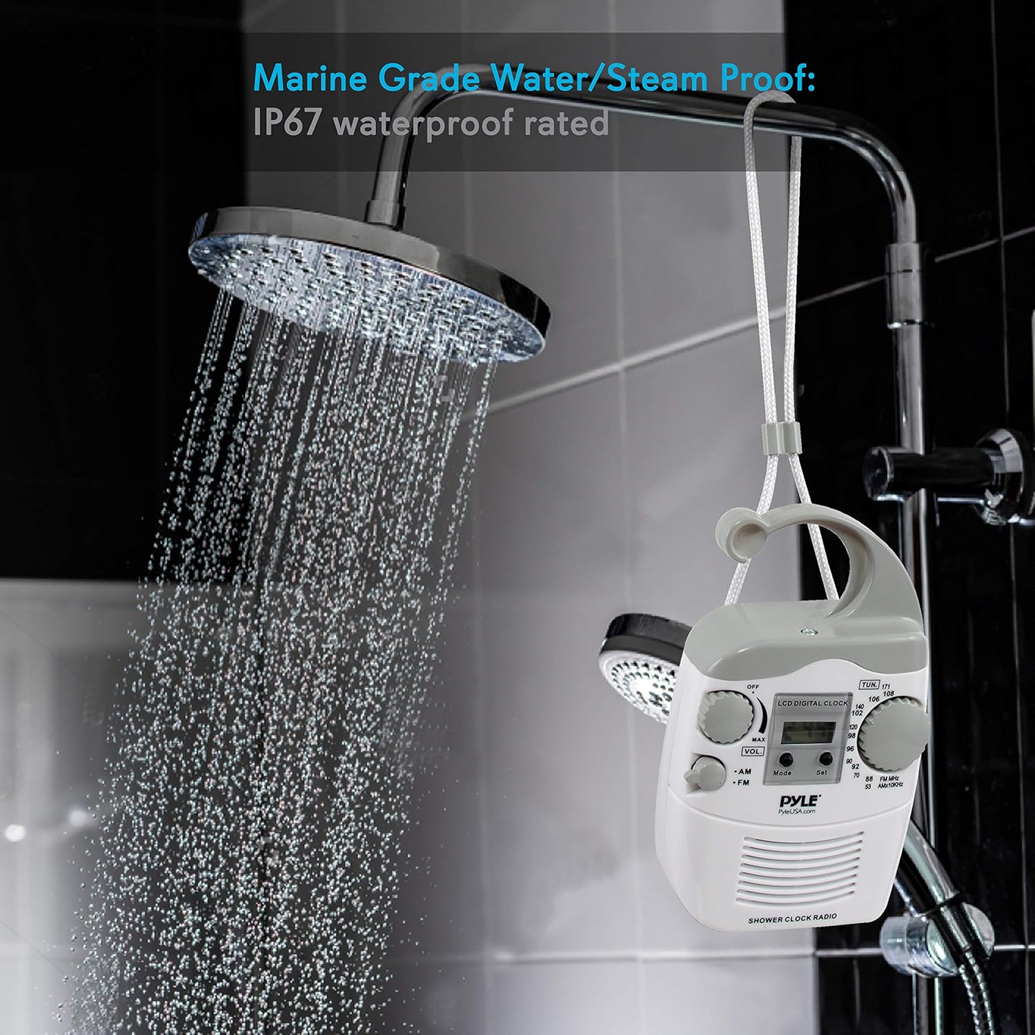 PyleHome PSR6 Hanging Waterproof AM/FM Shower Clock Radio BigaMart