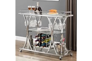 mikibama Silver Serving Bar Cart,Modern Mini Bar Carts for The Home,Small Mobile Home Bar Cart with Wine Rack & Storage for Liquor,Drink,Coffee