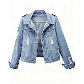 Kedera Women's Denim Jacket Distressed Casual Long Sleeve Ripped Boyfriend Jean Jacket Washed Blue Short Jean Shacket