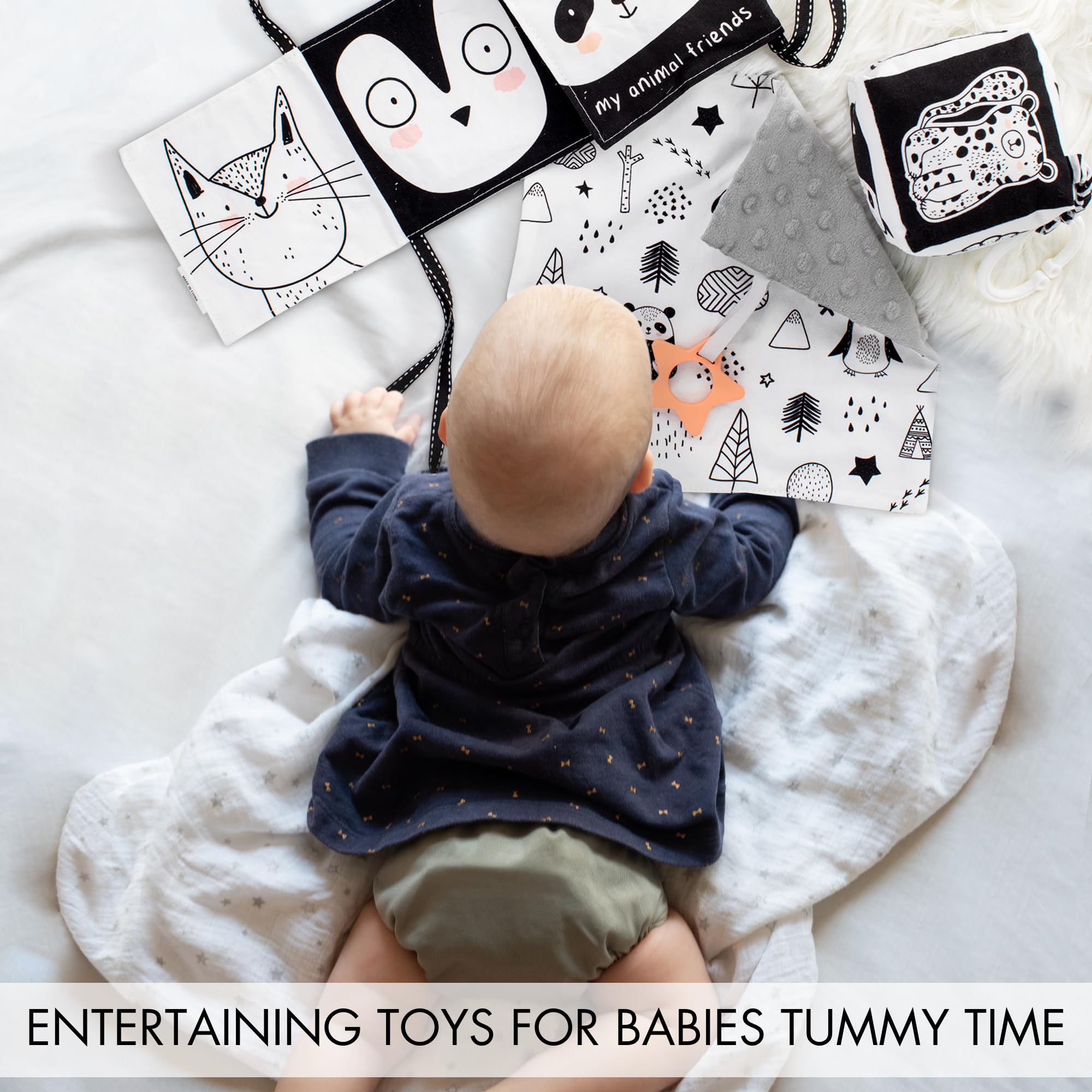 ZICOTO High Contrast Tummy Time Toys Bundle - Stimulating Black & White Sensory Development Toys for Newborns & Infants 0-3, 0-6 Months
