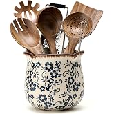 PORCER 5.75" H Blue Wide Cooking Utensil Holder for Kitchen Counter, Modern Farmhouse Rustic Utensil Holder and Crock Home Kitchen Decor, Vintage Chinoiserie Floral Ceramic Utensil Organizer