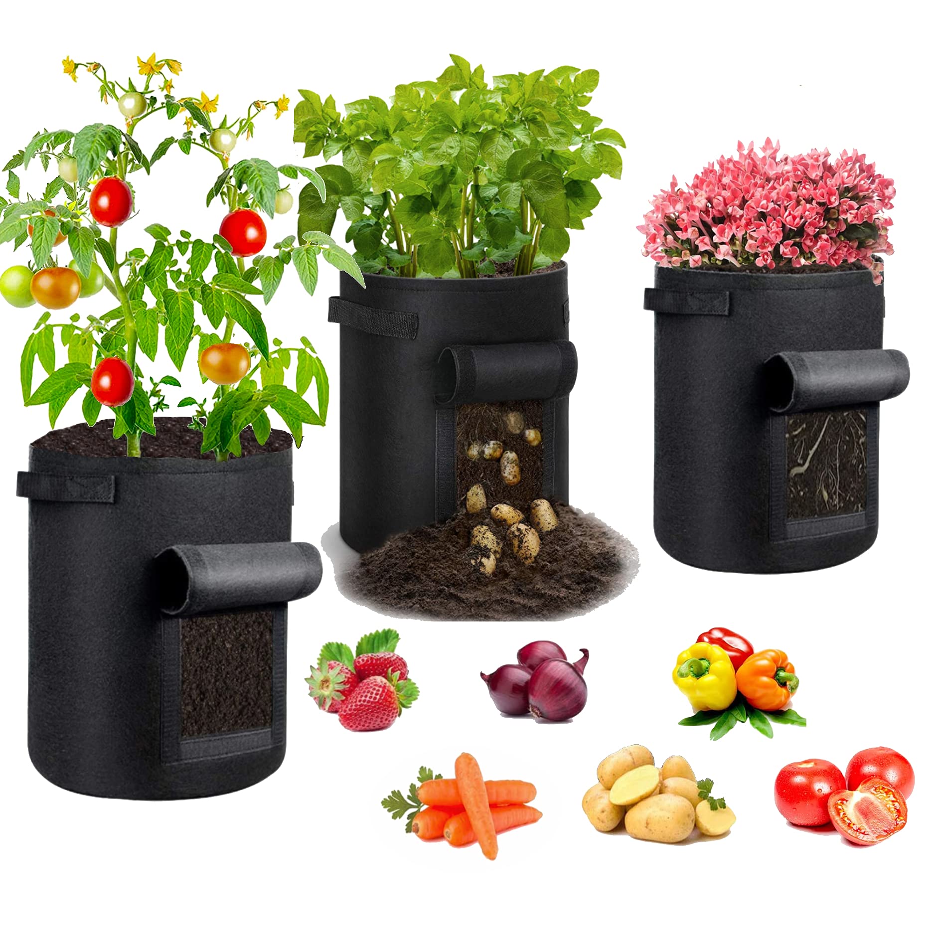 Deluxe 3 Pack of 10-Gallon Potato Grow Bags with Access Flap and Handles for Indoor and Outdoor Planting/Toxin Free, Breathable Non-Woven Planter Bag for All Season Ideal for growing Vegetables
