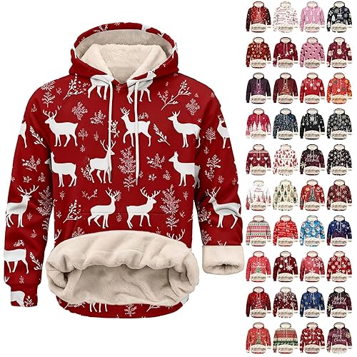 Mens Christmas Sweatshirt with Hood, Fleece Lined Hoodies, Baggy Trendy Long Sleeve Hooded Pullover Tops, Christmas Printed Drawstring Warm Sweater, Casual Fleece Hoodies, Soft Cozy Hoody Sweatshirts