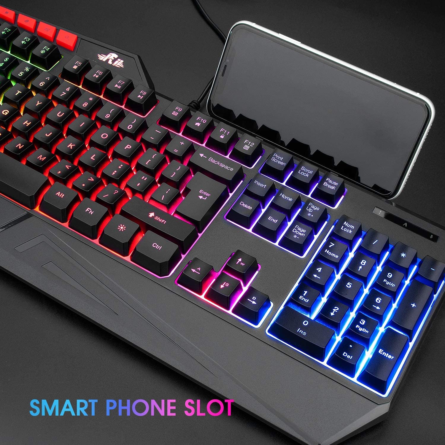 Rii RK202 RGB Gaming Keyboard Multiple Color Rainbow LED Backlit USB Wired Gaming Keyboard with Wrist Rest for Windows & Mac PC Gamers (Black)