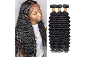 BOOPWINE Human Hair Bundles Deep Wave 14 16 18 Inch Curly Bundle Human Hair 100% Unprocessed Brazilian Virgin Hair 3 Bundles for Women Wet and Wavy Hair Bundle Weave Extensions Natural Black
