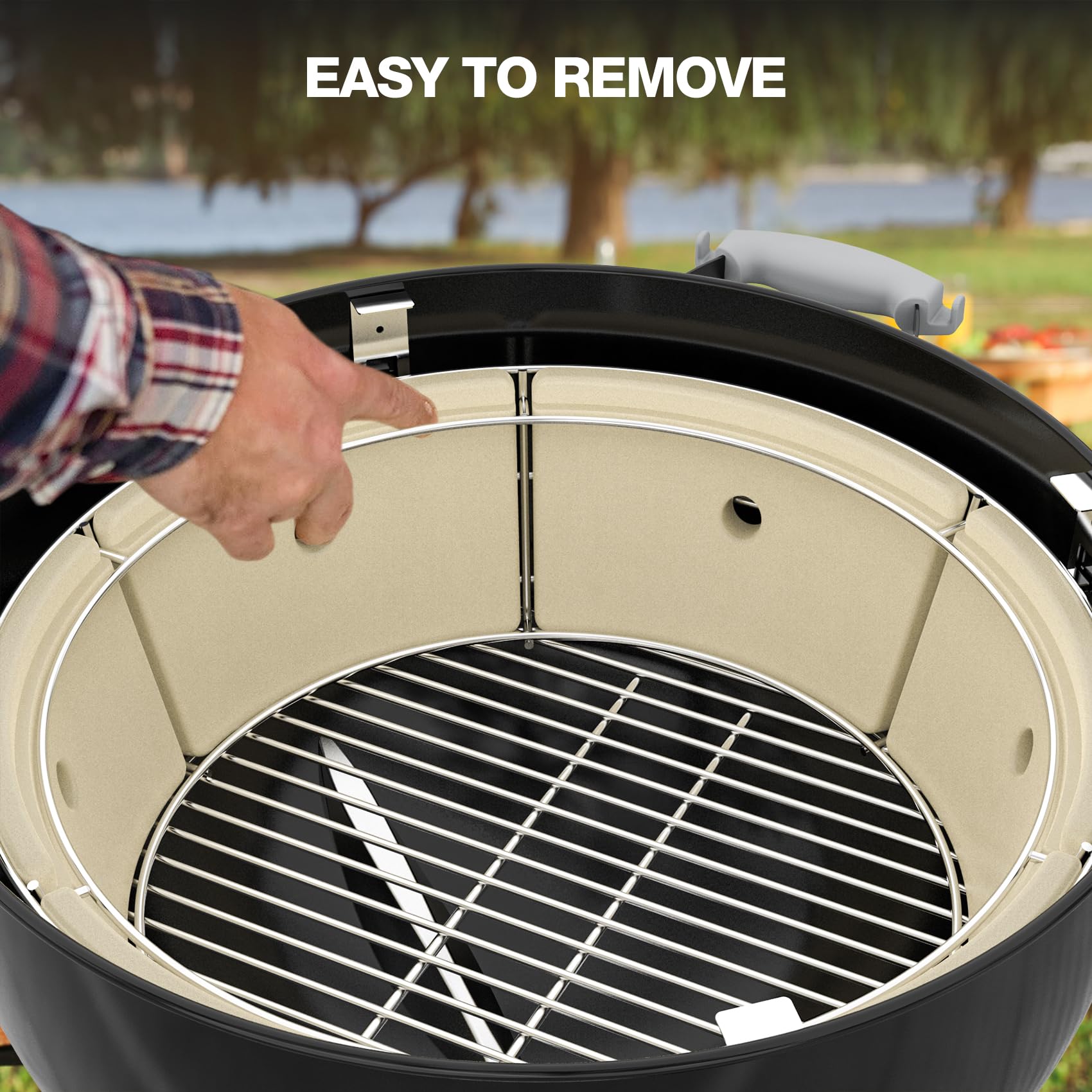 onlyfire Räucherbox Kit mit Edelstahl Holzkohlekorb, Hitzeabweiser und 4 Grillrost Erhöhungen, Räucherkammer Grillzubehör für Weber 57 cm Kettle Holzkohlegrill 6
