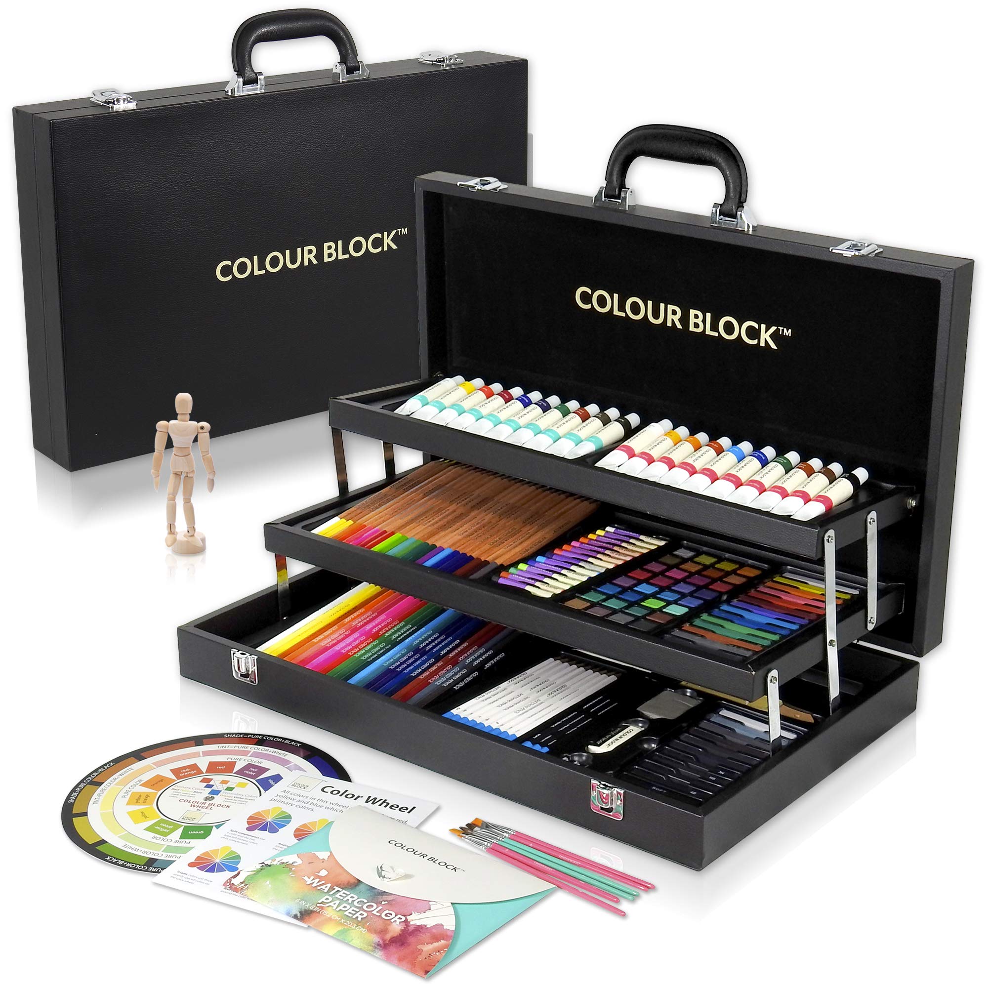 COLOUR BLOCK 181 pc Mixed Media Art Set in Durable Exquisite PU leather Case - Soft & Oil Pastels, Acrylic & Watercolor Paints, Sketching, Charcoal & Colored Pencils and Tools