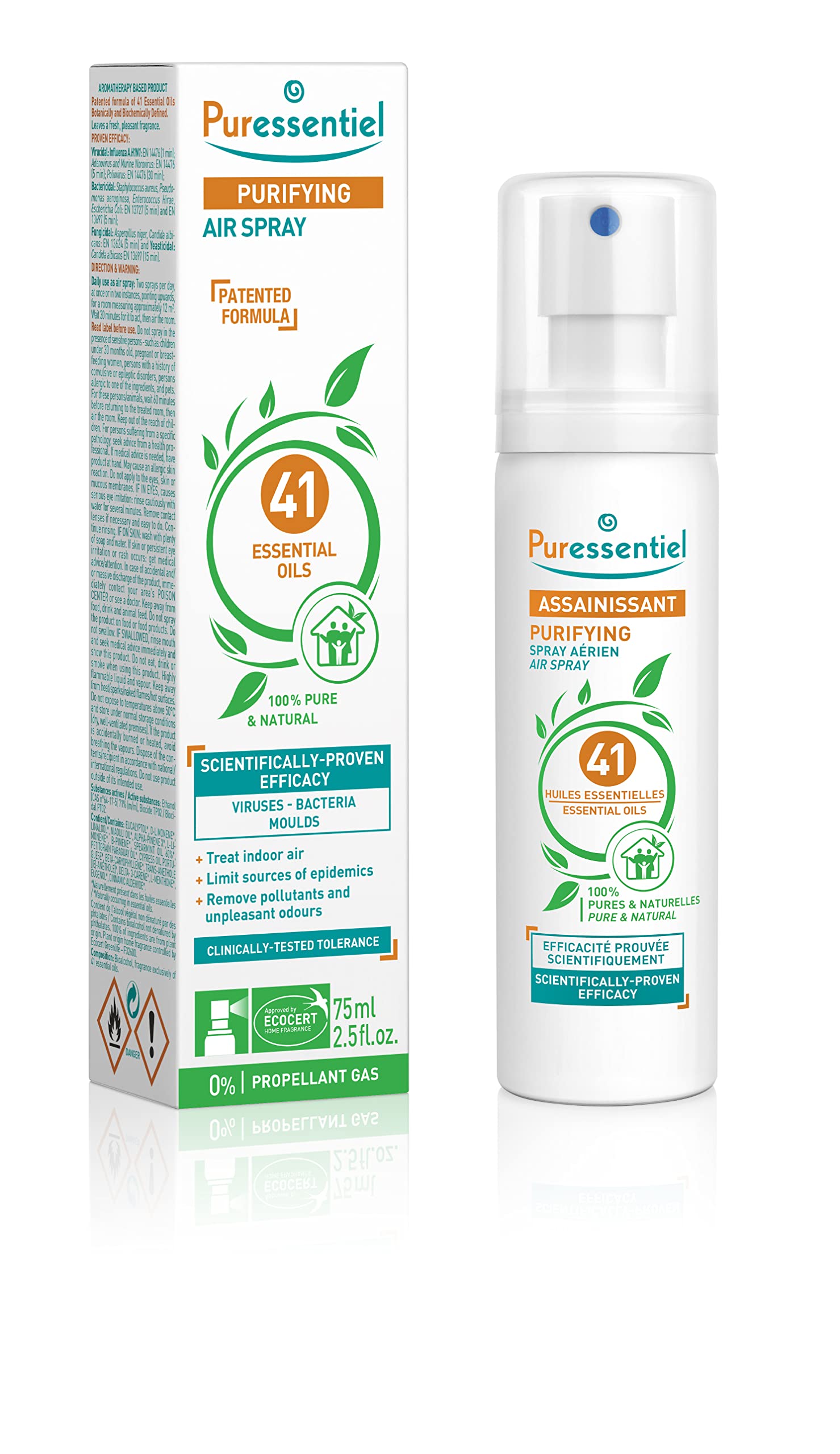 Puressentiel Purifying Air Spray 75 ml - 100 Percent Natural Room Spray - Air Freshener - Odour Eliminator - Organic Essential Oils - For Your Home, Car and Office - Propellant Gas and Aerosol Free