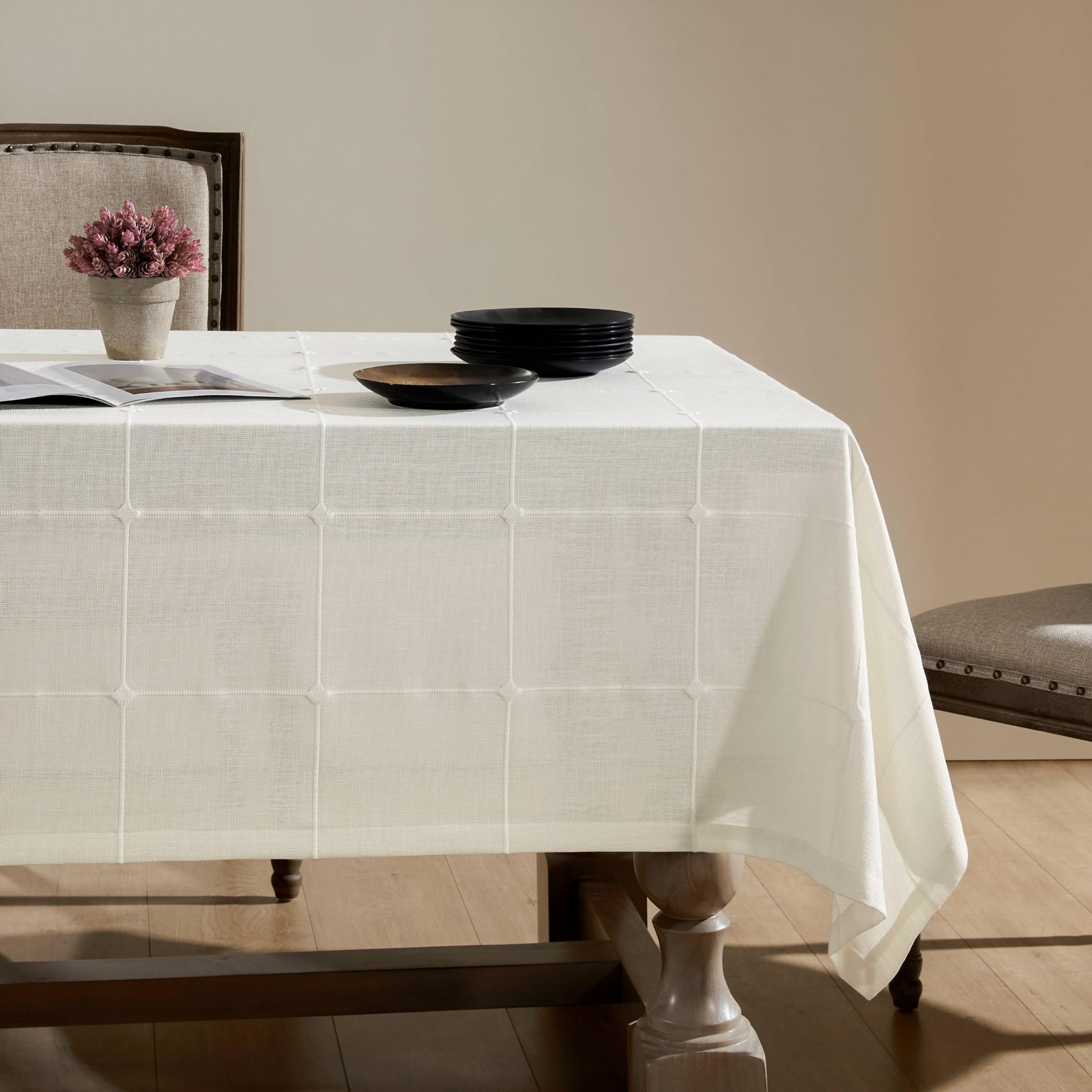 Photo 1 of ZeeMart Grid Embroidered Hemmed Tablecloths, Off White 52x52 Inch, Farmhouse Style Heavy Weight Cotton Linen White Tablecloths, Boho Plaid Water Resistant Square Table Cloth