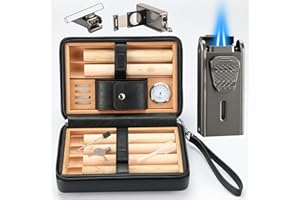 BBSISGO Leather Cedar Wood Case and All in One Double Jet Flame Torch Lighter Set, Built-in Cutter, Punch and Holder Function, Travel Box with Hygrometer, Draw Enhancer Tool, Gifts for Men.