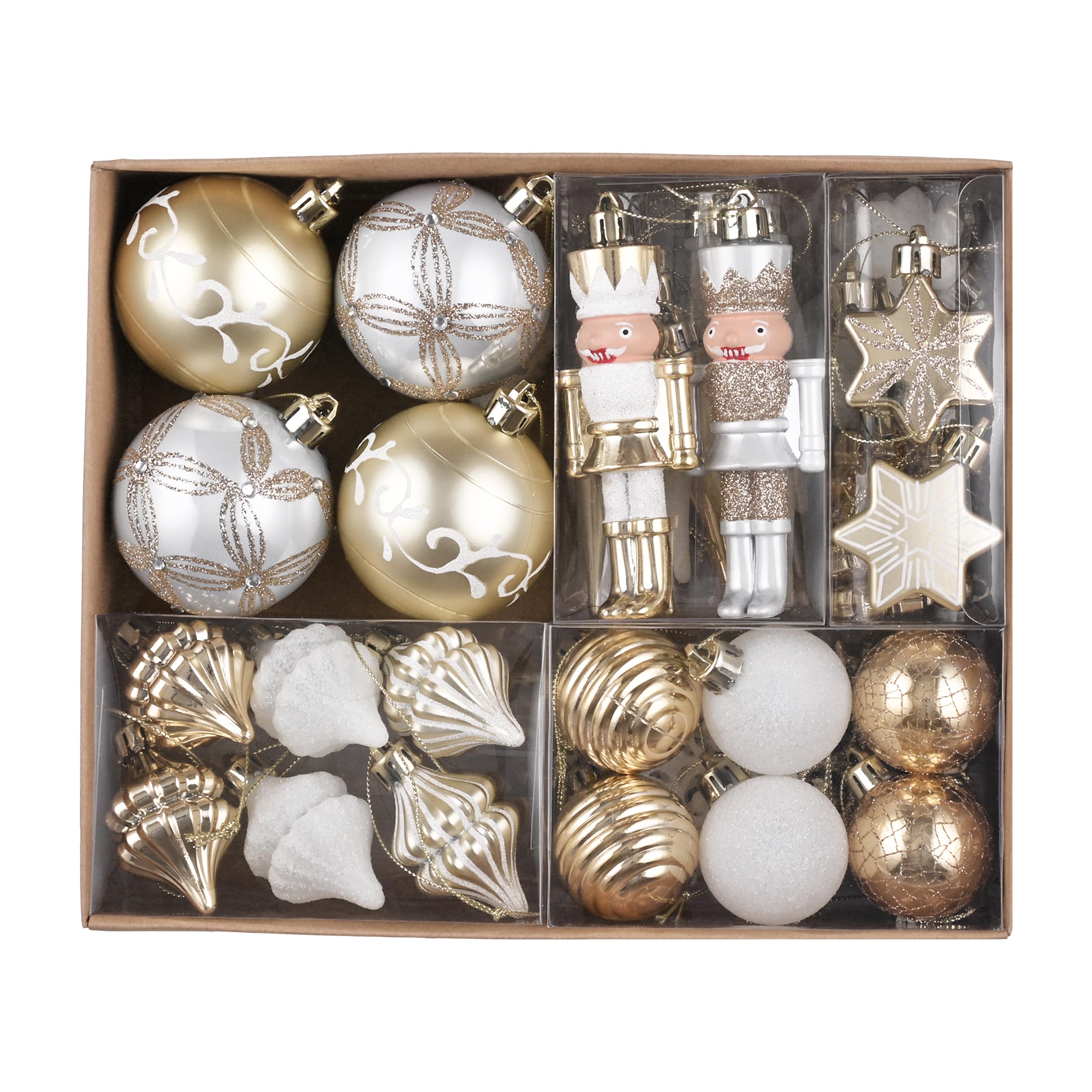 Valery Madelyn Assorted Christmas Baubles Set 50pcs, White and Gold Christmas Ball Ornaments for Xmas Tree Decorations
