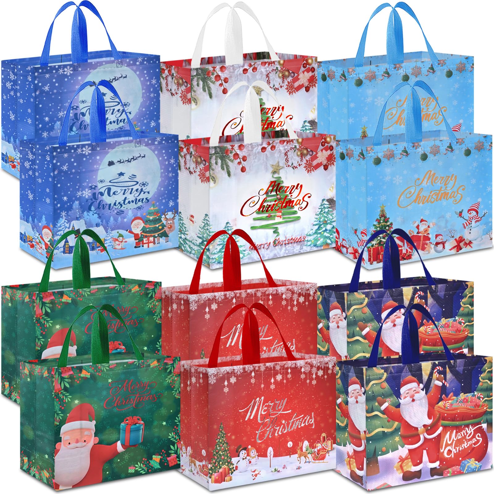 AhfuLife Extra Large Christmas Bags for Gift, 12pcs Christmas Tote Bags with Handles for Xmas Gift, Reusable Multipack Non-woven Xmas Shopping Bag, Xmas Party Bag Decorations, 40 x 36 x 15cm