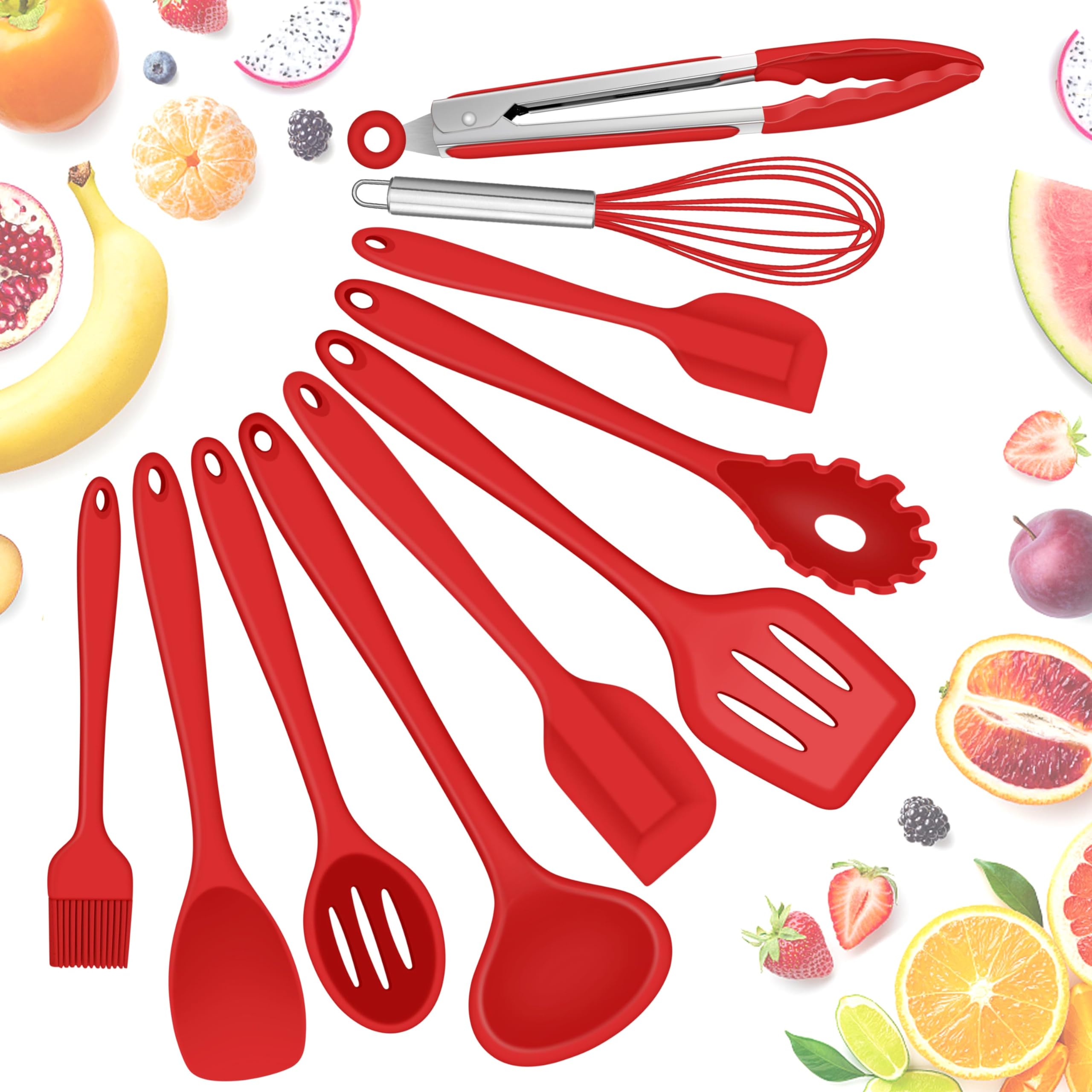 Herogo Kitchen Utensils Set, 10 Pcs Silicone Cooking Utensils Set for Baking, Non-Stick & Heat Resistant Cookware Include Spatula Whisk Spoon Turner Tongs, Non-toxic & Dishwasher Safe, Red