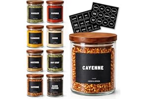 8 Glass Spice Jars with Acacia Airtight Lids, 6oz Empty Seasoning Containers with 120 Waterproof Preprinted Labels, Minimalis