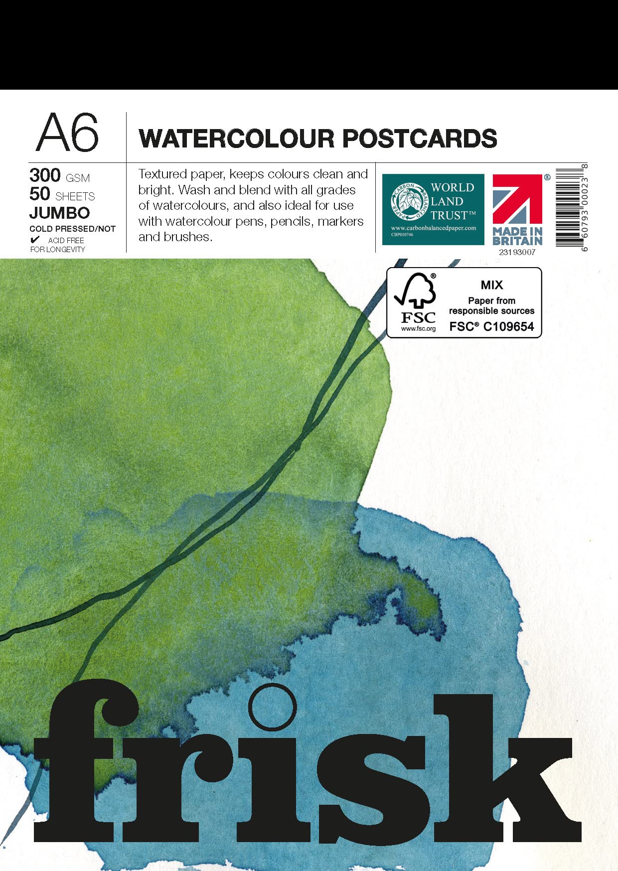 Frisk Jumbo Watercolour Postcards 300gsm Cold Pressed/Not 50sheets A6, White (23193007)