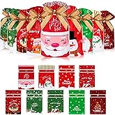 Paterr 108 Pcs Christmas Candy Bags Bulk Merry Christmas Goodie Popcorn Drawstring Gift Bags Plastic Xmas Treat Bags for Holiday Party Favors
