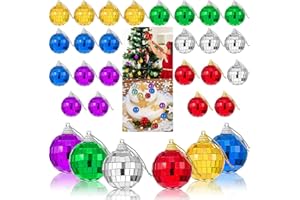 SUMIND 30 Pieces Christmas Mirror Disco Balls 1.6 Inch Assorted Color Mirror Balls Xmas Tree Ball Ornaments Hanging Disco Balls with Cord for Holiday Christmas Party Decor Supplies, 6 Colors