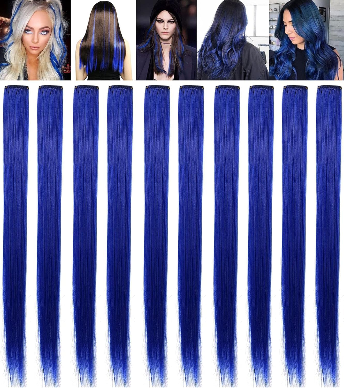 LSKJMO 10PCS Blue Hair Extensions Clip in 20 inch Colored Hair Extensions for Women,Wig Pieces Colorful Party Highlights Straight Synthetic Blue Hairpieces