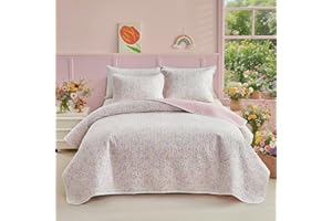 Joyreap 2 Pieces Cotton Quilt Set Twin, Pink n Yellow Floral Design for Girls, Cozy Lightweight Cotton Quilt Bedspread Bed Cover for All Season- 68x88 inches