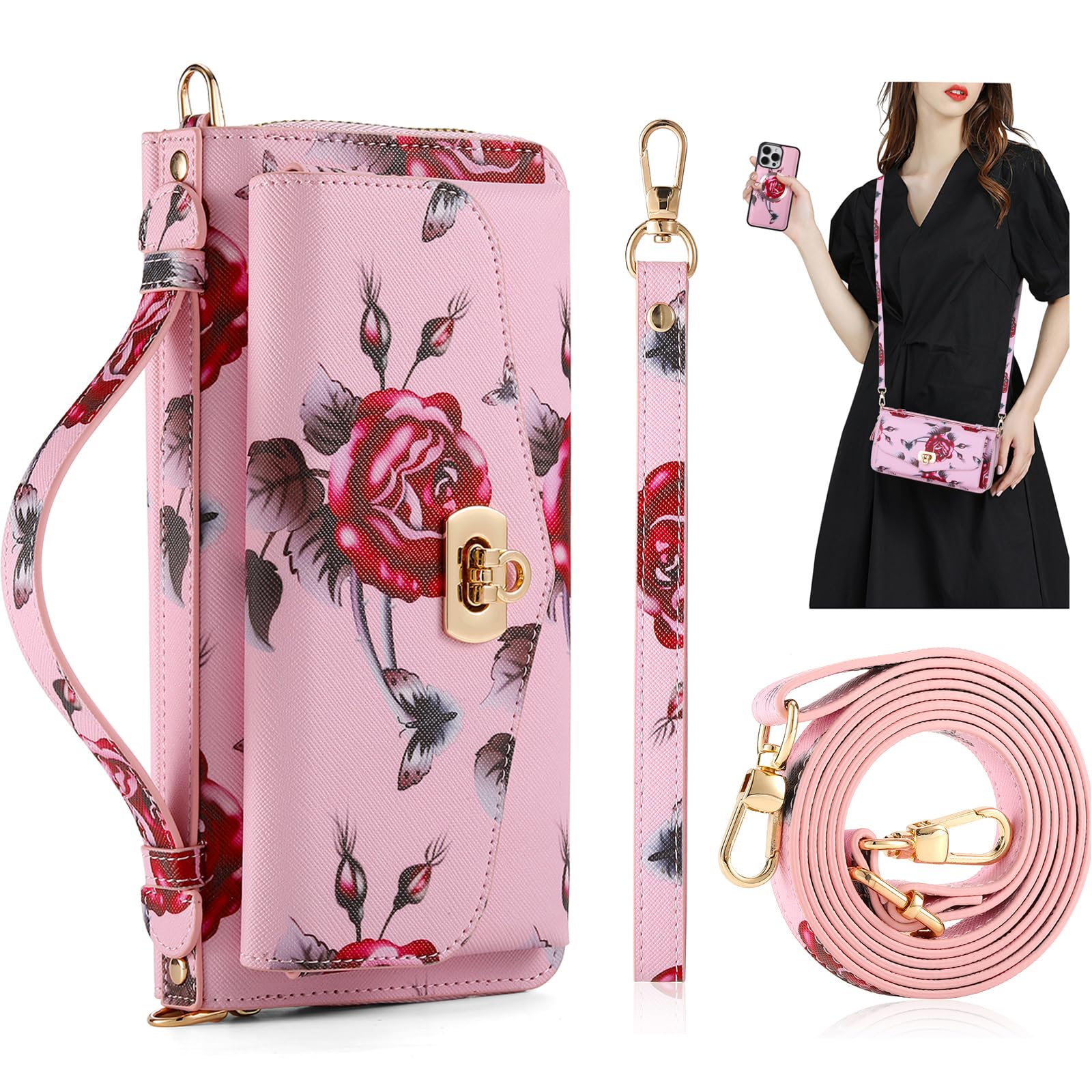 REEGINCH Crossbody Wallet Case for iPhone 16 Pro Max, Magnetic Detachable Floral PU Leather Phone Case with RFID Blocking Card Holder Wristlet Mirror Flip Zipper Shoulder Purse for Wome - Pink