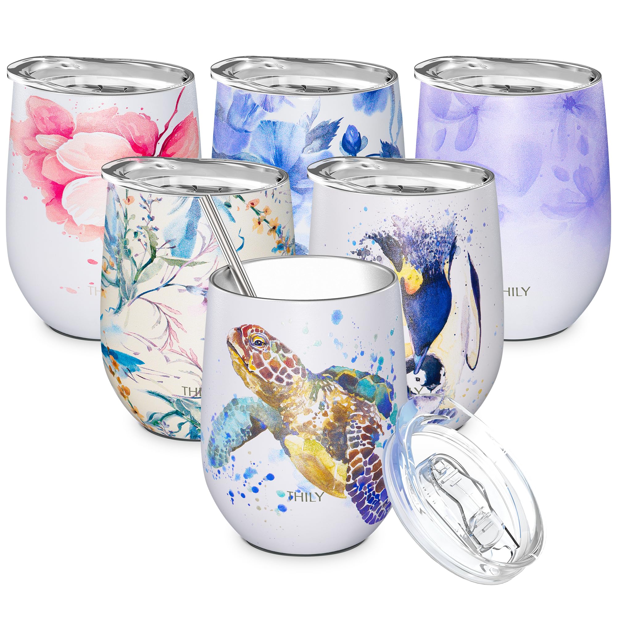 THILY Wine Tumbler Stainless Steel Insulated Stemless Wine Glass with Lid and Straw, Cute Travel Cup Keep Cold for Coffee, Cocktails, Special Collection, Sea Turtle