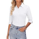 siliteelon Button Down Shirts for Women 3/4 Sleeve Stretch Fitted Dress Shirt Wrinkle Free Collared Business Work Tops