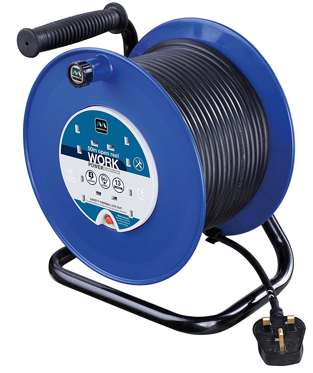 Masterplug Four Socket, 50 Metre Open Cable Reel, Large Extension Lead Reel, Wind-Up Power Retractable Cord Reel, Heavy Duty, Thermal Cut Out, Work Power, Blue/Black, 13A, 4G, 50m, HDCC5013/4BL