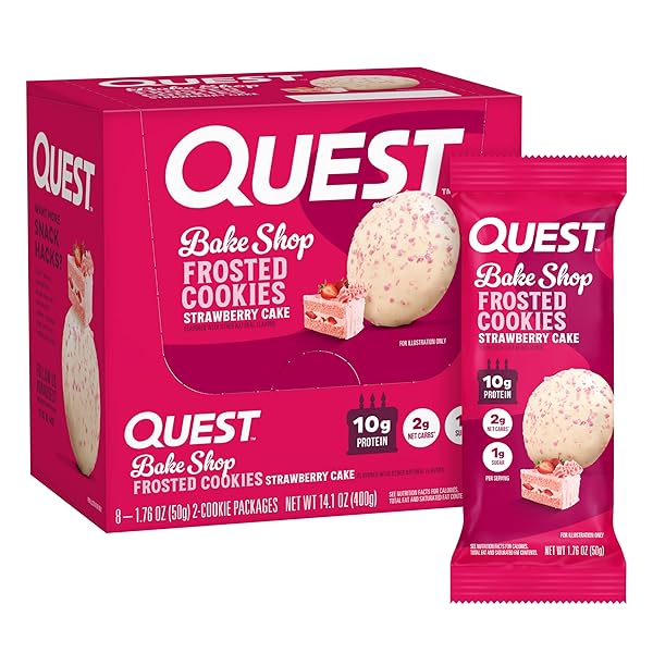 QUEST NUTRITION FROSTED COOKIES TWIN PACK, STRAWBERRY CAKE, 1G SUGAR, 10G PROTEIN, 2G NET CARBS, GLUTEN FREE, 16 COOKIES
