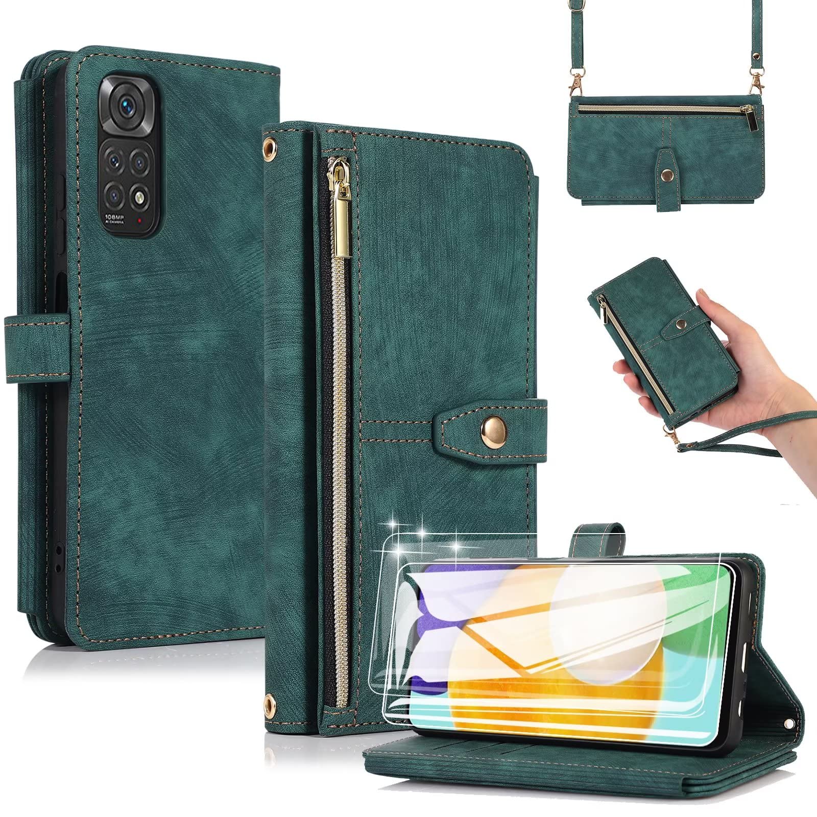 ESONG Crossbody phone Case for Xiaomi Redmi Note 11 4G/Note 11S,Leather Zipper Wallet Flip Magnetic Shockproof Protection Cover with 2 Tempered Glass Screen Protectors[9 Card Slot/2 Coin Pouch],Green