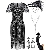 MTITE 1920s Flapper Dresses for Women,Sheer Beaded Sleeves Great Gatsby Dresses Roaring 20s Dresses Costumes with Accessories