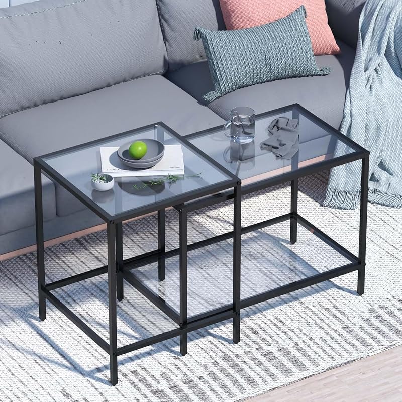Couchtisch aus Glas,couchtisch,Wohnzimmertisch,Living Room Table Quadratisch Couchtisch 2er Set, Coffee Table,Beistelltisch, Sofatisch für Schlafzimmer, Wohnzimmer, Büro (Schwarz) — Foto 6 von 8