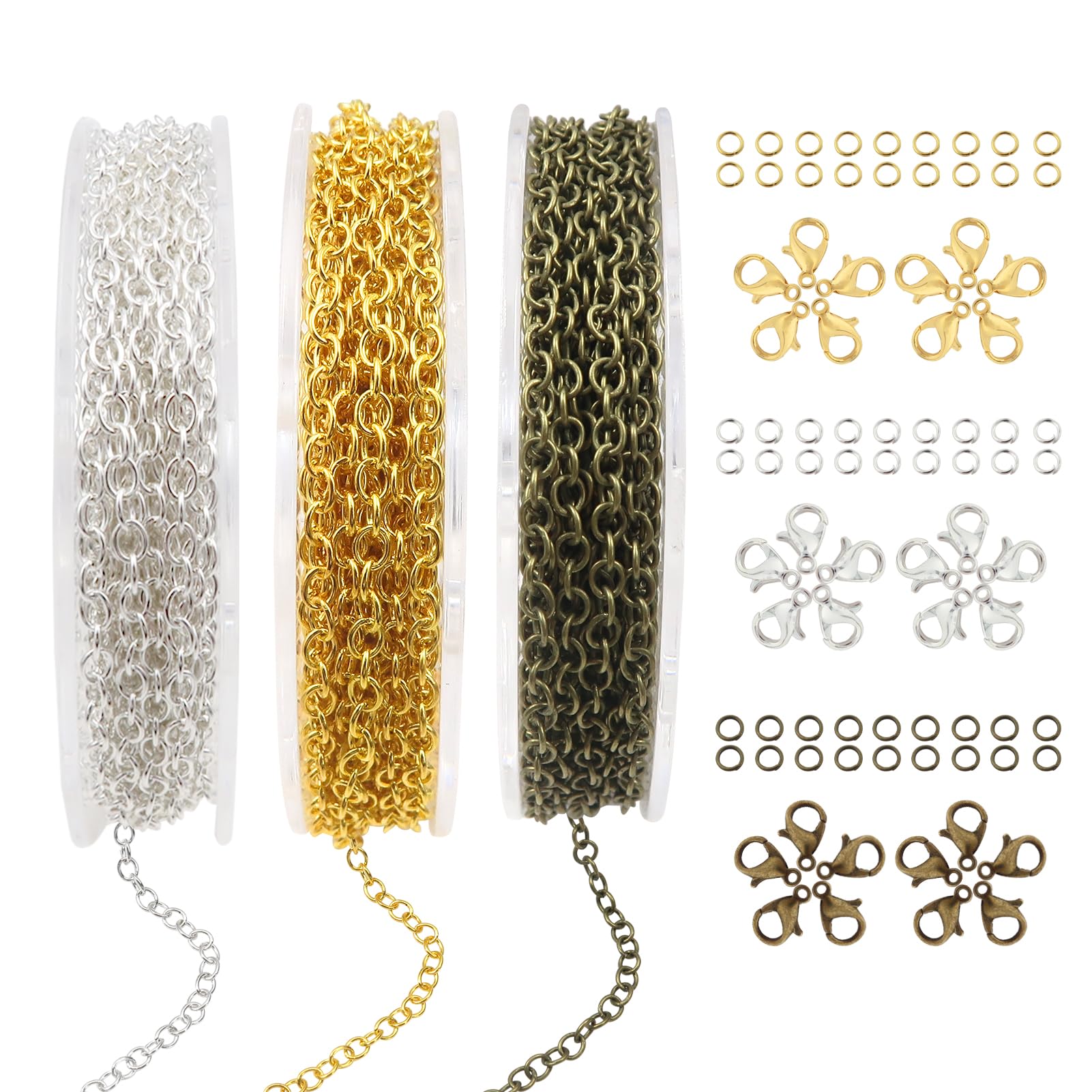 TOAOB 15M Necklace Chains Jewelry Making Chains Kit 2mm for Bracelet Necklace Accessories DIY Craft Gold Silver Bronze in Colour with Bulk Lobster Clasps and Jump Rings