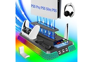 LHFDIAN PS5/Slim/Pro Stand and Cooling Station with LED Controller Charging Station for PlayStation 5 Console,Accessories Incl.Controller Charger,PS5 Cooling Fan,Headset Holder,3 USB Hubs (pyramid-black)