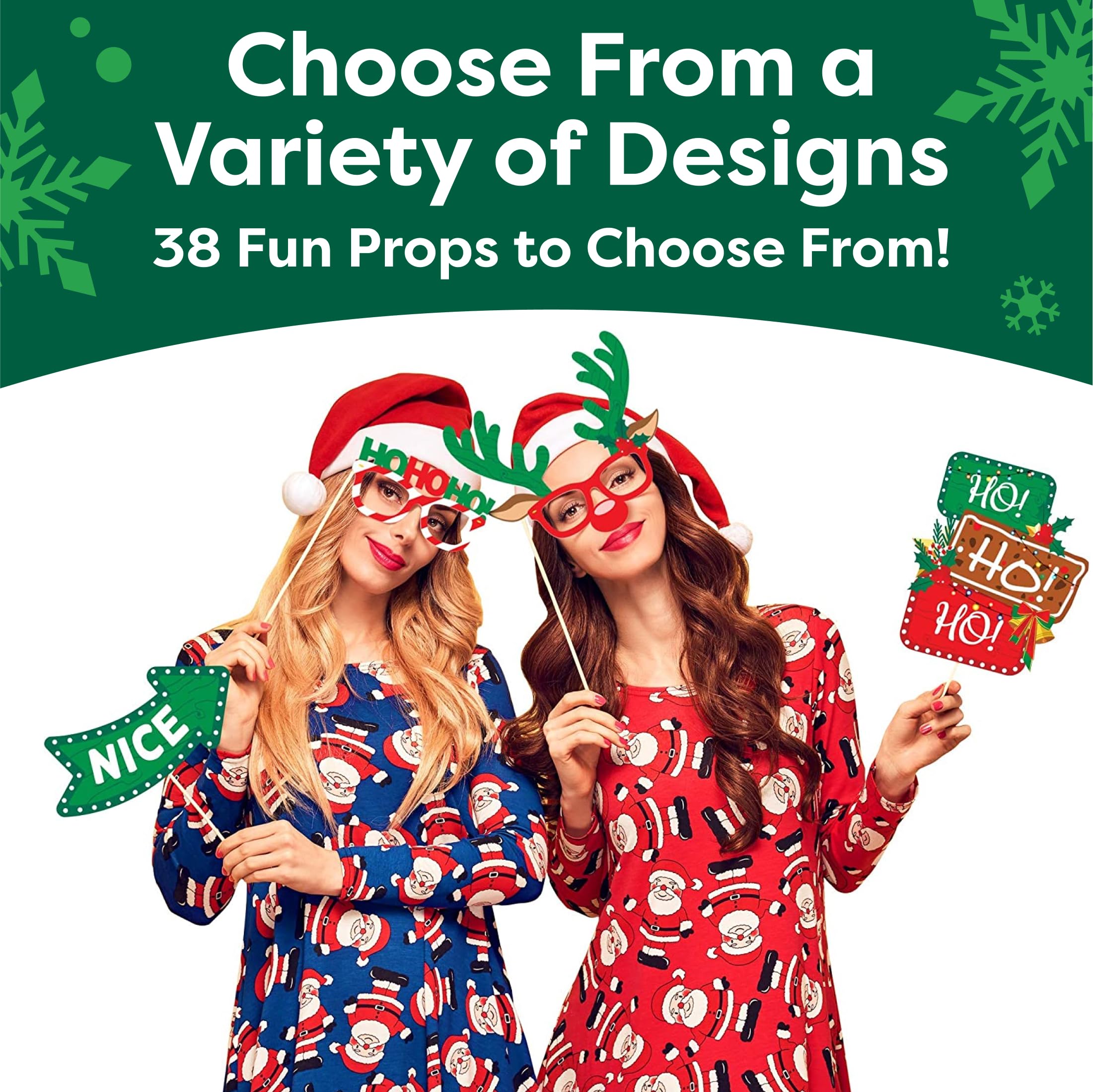Christmas Photo Booth Props 38pc Set - Christmas Party Decorations, Party Favors, Games & Supplies for Kids Adults - Christmas Photo Props Backdrop Table Decorations Accessories