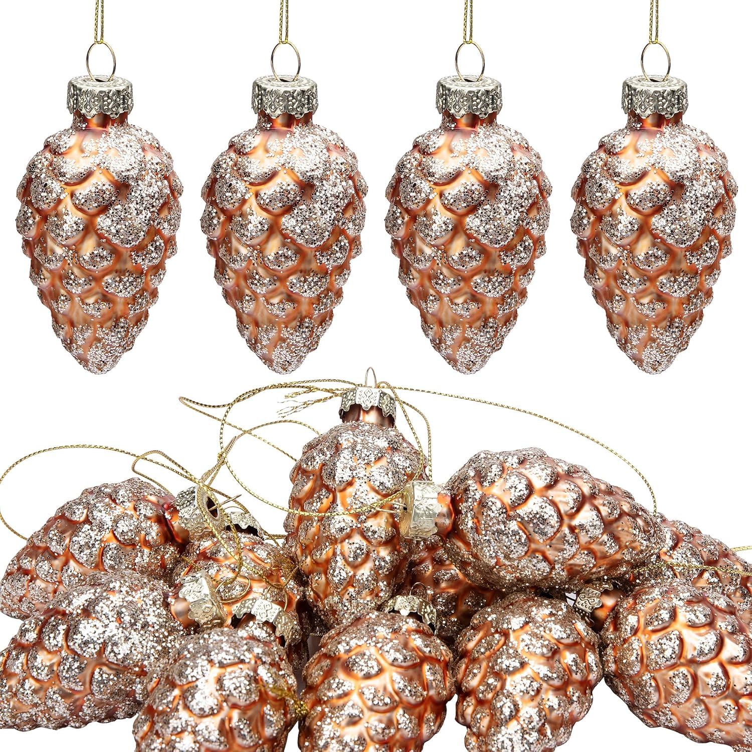 12 PCS Christmas Pinecone Glass Ornaments - Hanging Pine Cone Glass Painted Pinecone Bauble - Glitter Christmas Pinecone Pendants for Xmas Tree DIY Crafts Fall Thanksgiving Day Decoration