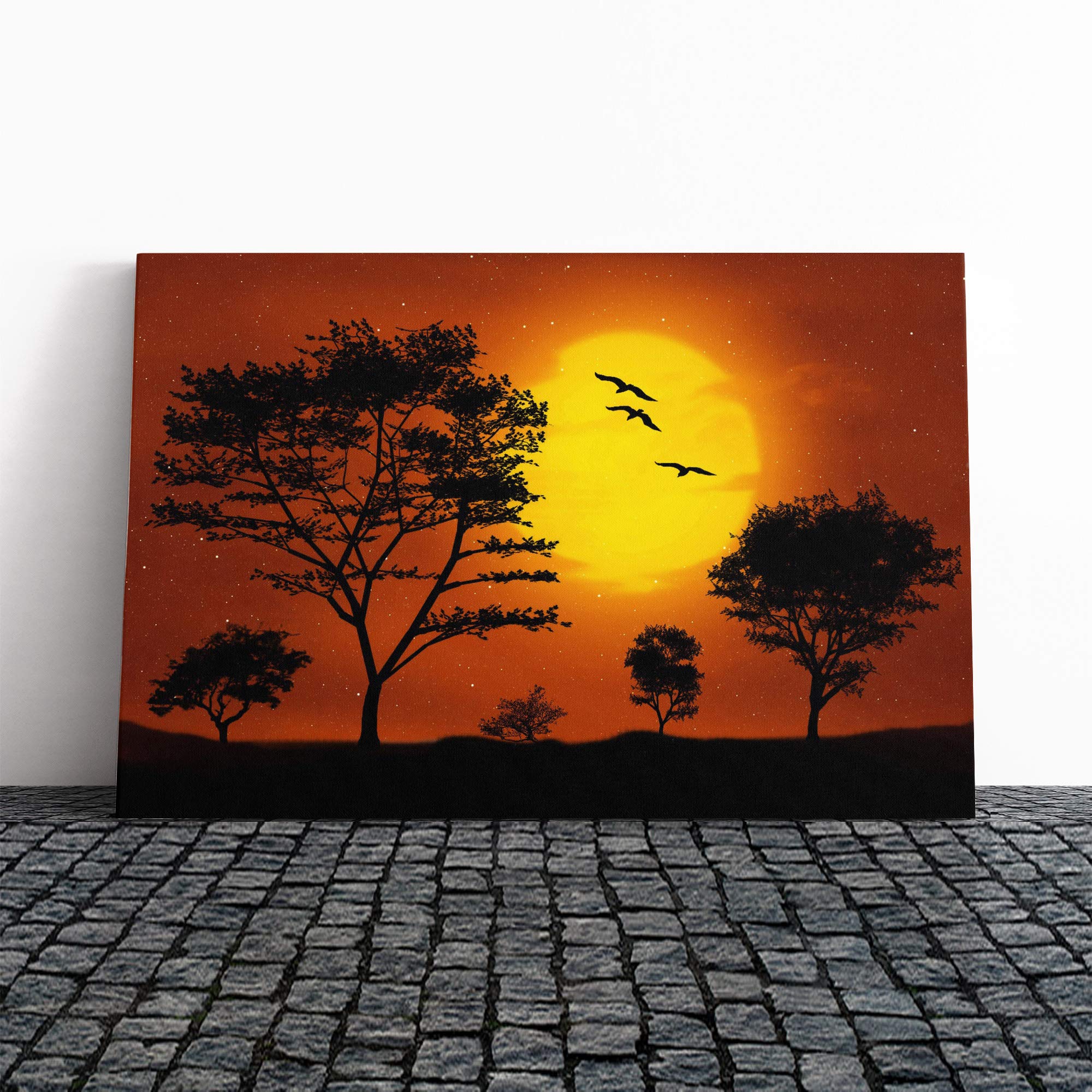 Landscape Trees Forest and Birds Sunset (2) Canvas Print | Gallery Wrapped 30mm Frame Wall Art | 20x14 inches | Ready to Hang | Contemporary Landscape Picture | Living Room Bedroom Lounge Office