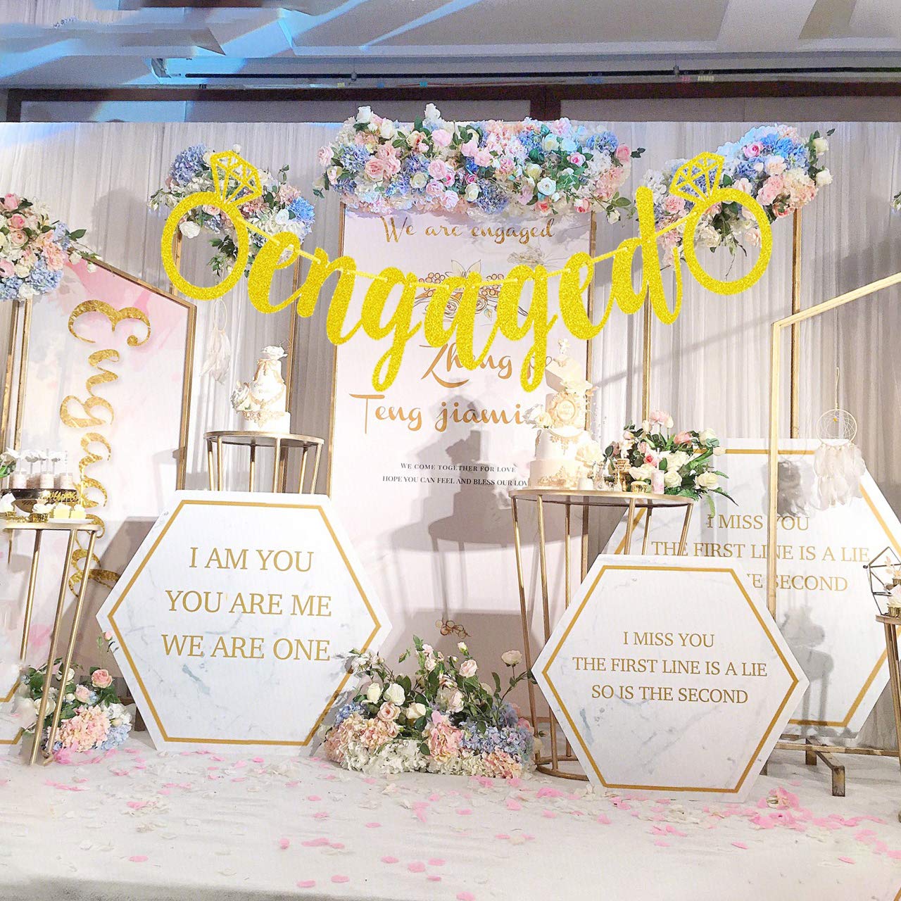 Engagement Party Decorations - Extra-Large Engaged Banner Gold Glittery Letters and Diamond Ring, Engagement, Bridal Shower Party Decorations