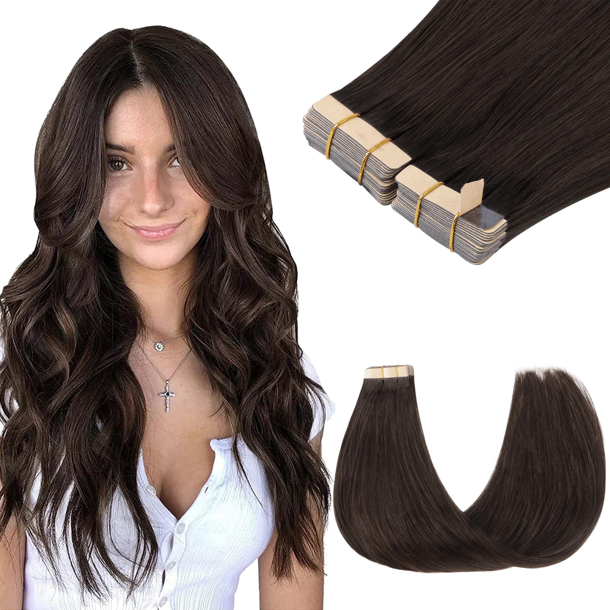 GOO GOO Tape in Hair Extensions human hair, tape Hair Extensions, 14inch 100g 40pcs, Human Hair Extensions, 2A Light Brown — image 1