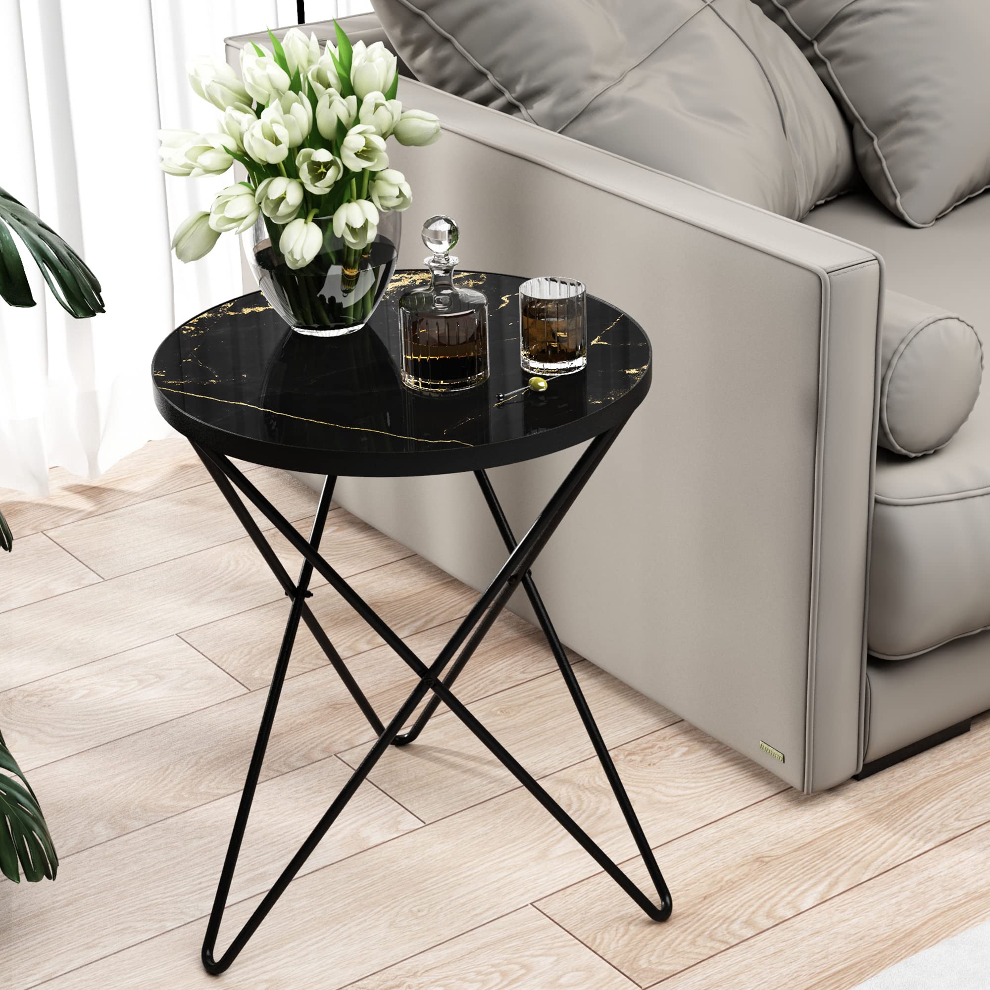 HLR Modern Round Side Table, End Table with Marble