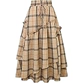 IDEALSANXUN Womens Long Plaid Skirts High Waisted A Line Renaissance Maxi Skirt with Pockets