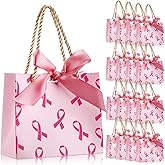 Moinchore 40 Pcs Breast Cancer Awareness Gift Bags Pink Ribbon Paper Treat Bags with Bow and Handles Cancer Survivor and Charity Tote for Women Awareness Party Gifts, 5.5 x 2.4 x 4.7 Inches