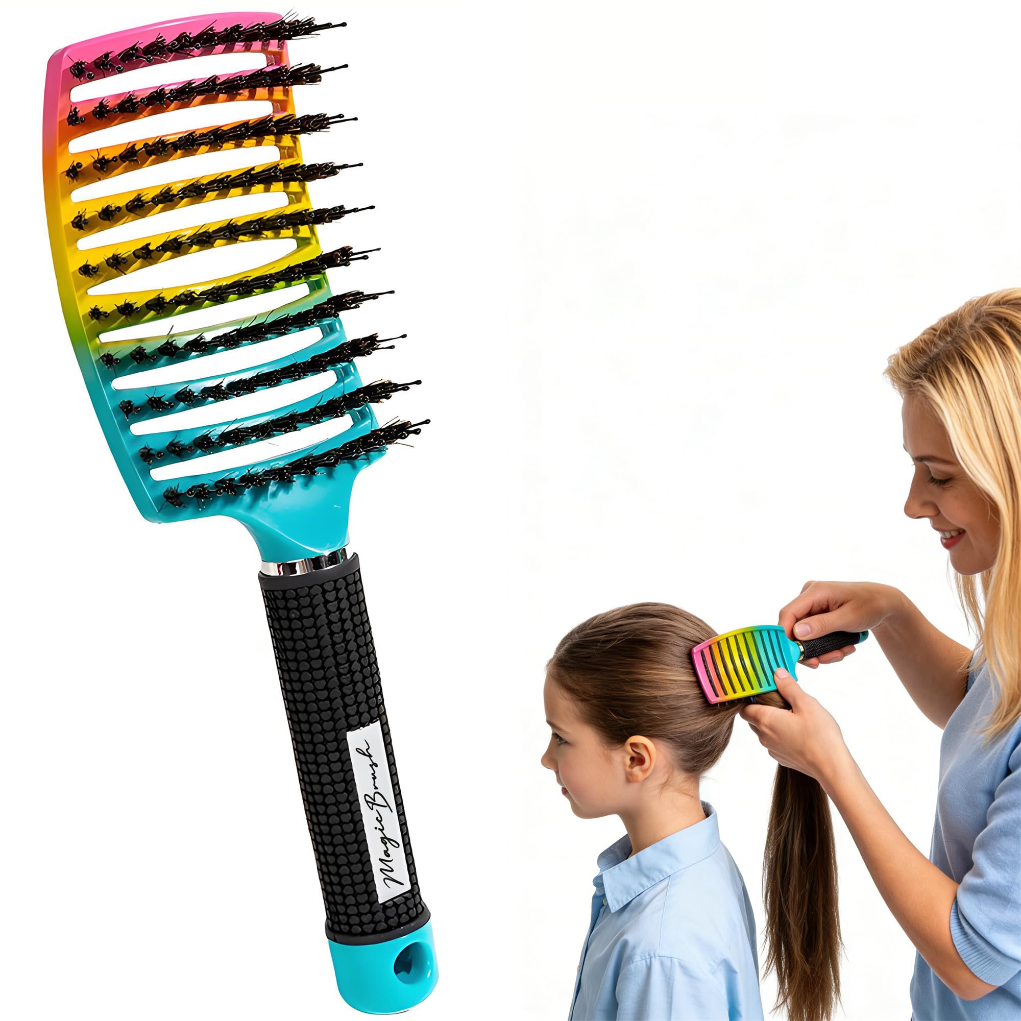 Pop Magic Detangling Hair Brush for Women and Kids, Boar Bristle Paddle Brush for Blow Drying, Wet Hair, Long, Thick, Curly, Afro Hair (Iridescent)