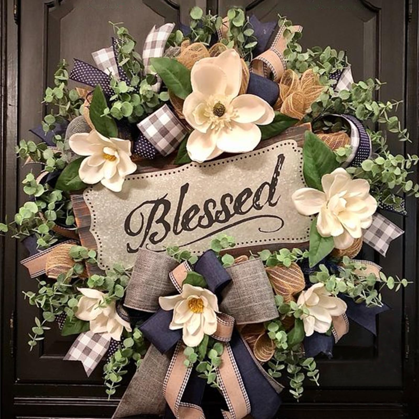 Spring Summer Wreath for Front Door,Farmhouse Magnolia Porch Decoration,Front Door Hanger,Housewarming Gift, Buffalo Plaid Year Round Wreath,Summer Home Decor