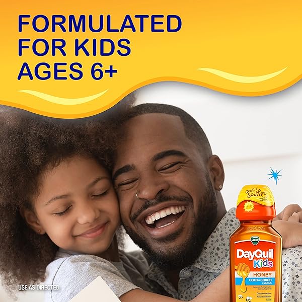 VICKS DAYQUIL KIDS COLD AND COUGH + MUCUS RELIEF MADE WITH REAL HONEY FOR KIDS 6+ TASTES GREAT 8OZ