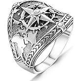 Yuzukzade Compass and World Map Silver Ring, Mens Handmade Sailor Ring