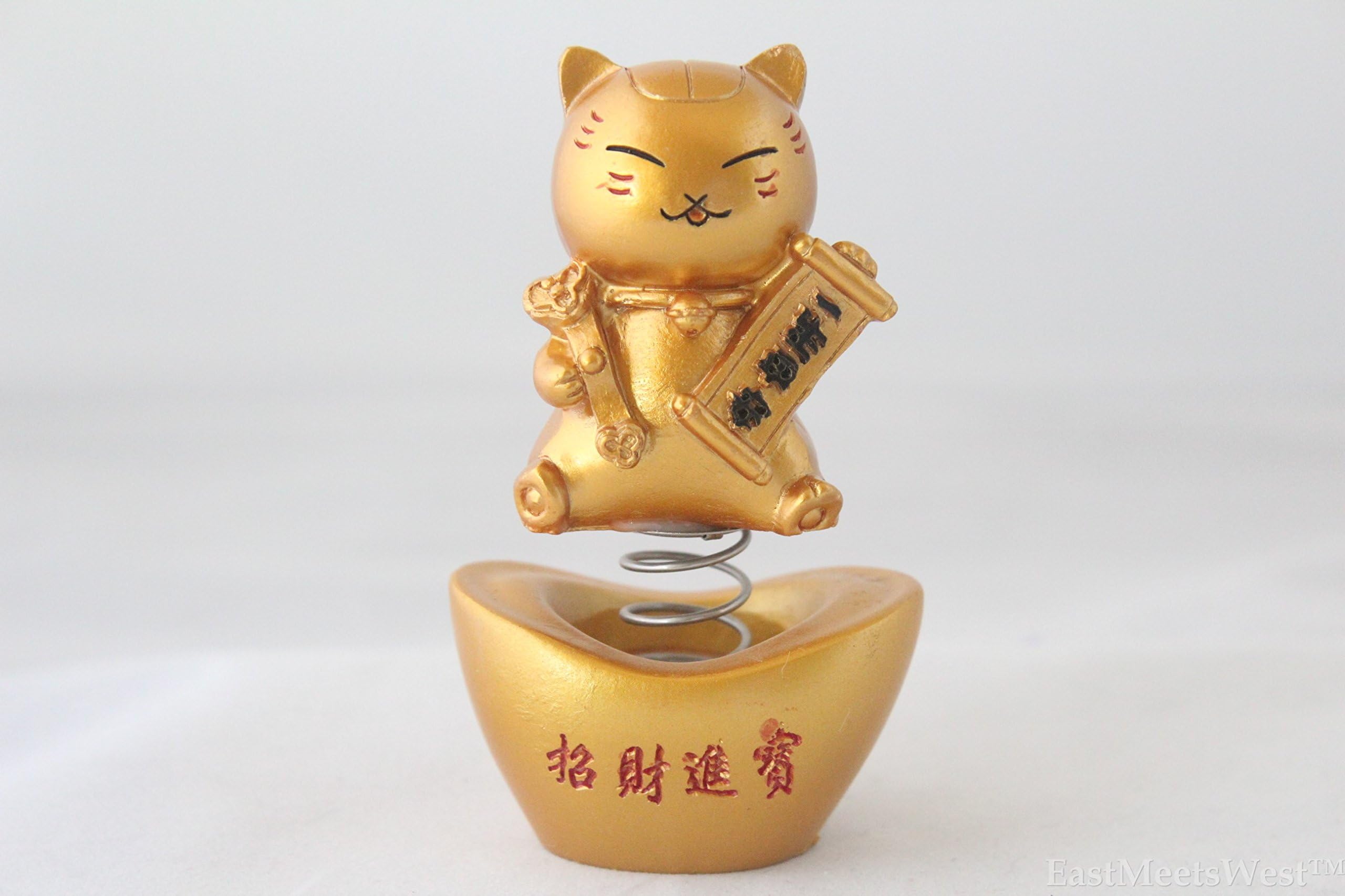 EastMeetsWest Gold Japanese Lucky Wealthy Inviting Maneki Neko Waving Paw Beckon Cat Feng Shui Bobble Head