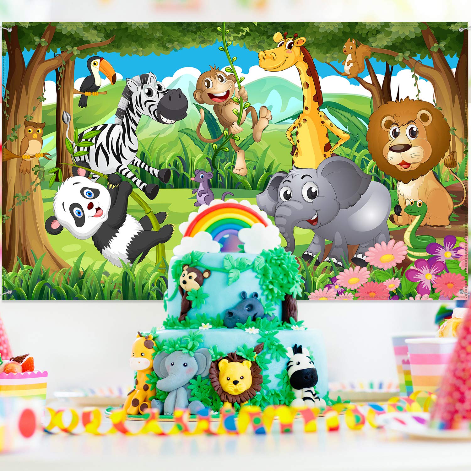 Jungle Theme Party Decorations, Extra Large Fabric Birthday Party Poster for Jungle Theme Party Accessories, Jungle Safari Background Banner, Jungle Animal Photo Stand Background Banner