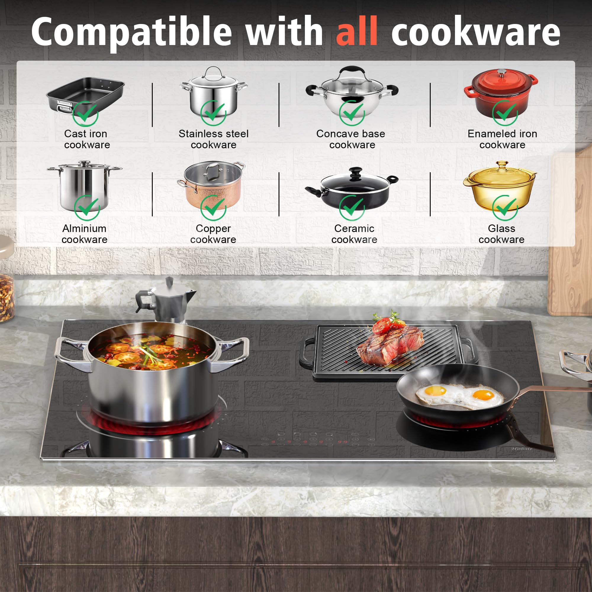 Hobsir 30 Inch Electric Cooktop, 4 Burners Cooktop, Electric Stove Top Burner, 6800W Drop-in Ceramic Stove Top with Glass Metal Frame, Timer, Safety Lock, 220-240V, Hard Wired (No Plug) Cooktops