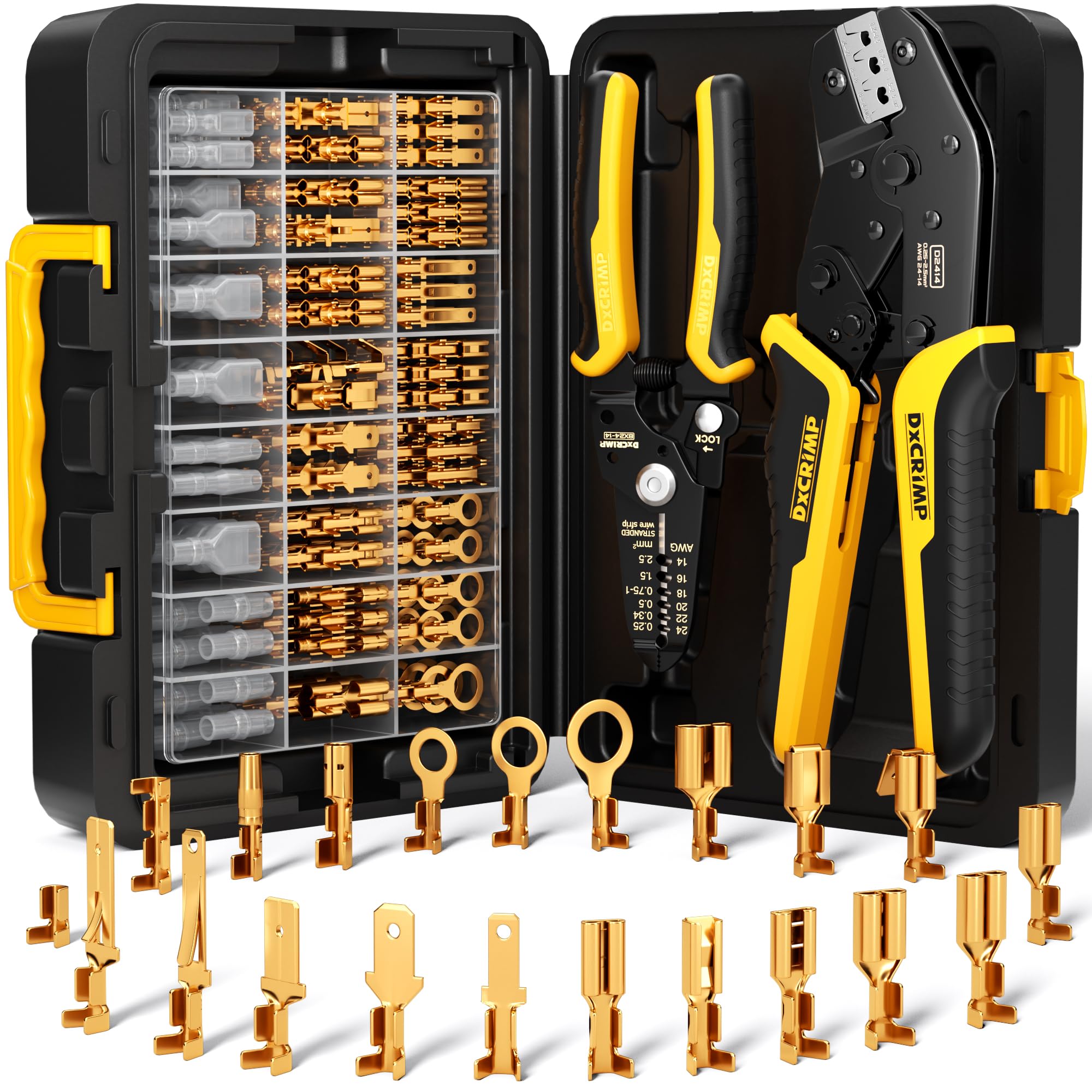 DxCRIMP Ratcheting Open-Barrel Crimping Tool Kit with 21 Sizes 2.8/4.8/6.3 mm Male & Female Spade/Flat Disconnect Terminals, 0.25–2.5 mm² — Adjustable Ratchet Crimper for Auto, Home & Marine Wiring — image 1